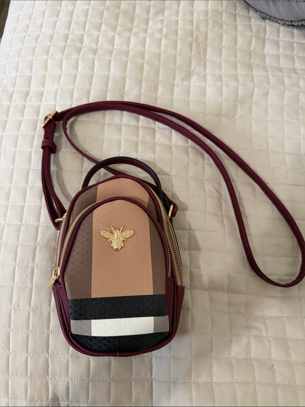 Striped Mini Crossbody Bag in Burgundy and Neutral Tones
